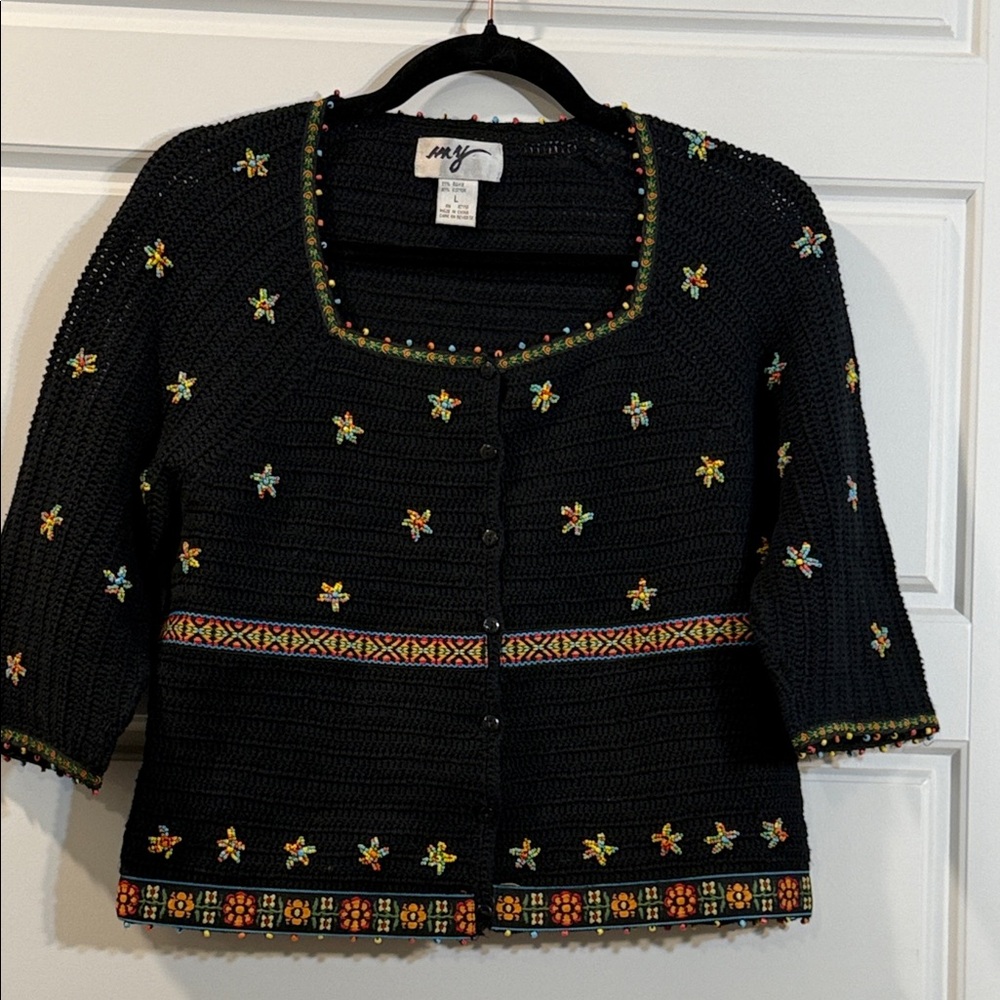 My NY black beaded crochet cardigan with colorful beads and embroidery Large